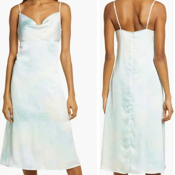 NWT Lulus Tranquil State Tie Dye Satin Cowl Neck Midi Dress Blue Medium - Picture 1 of 12